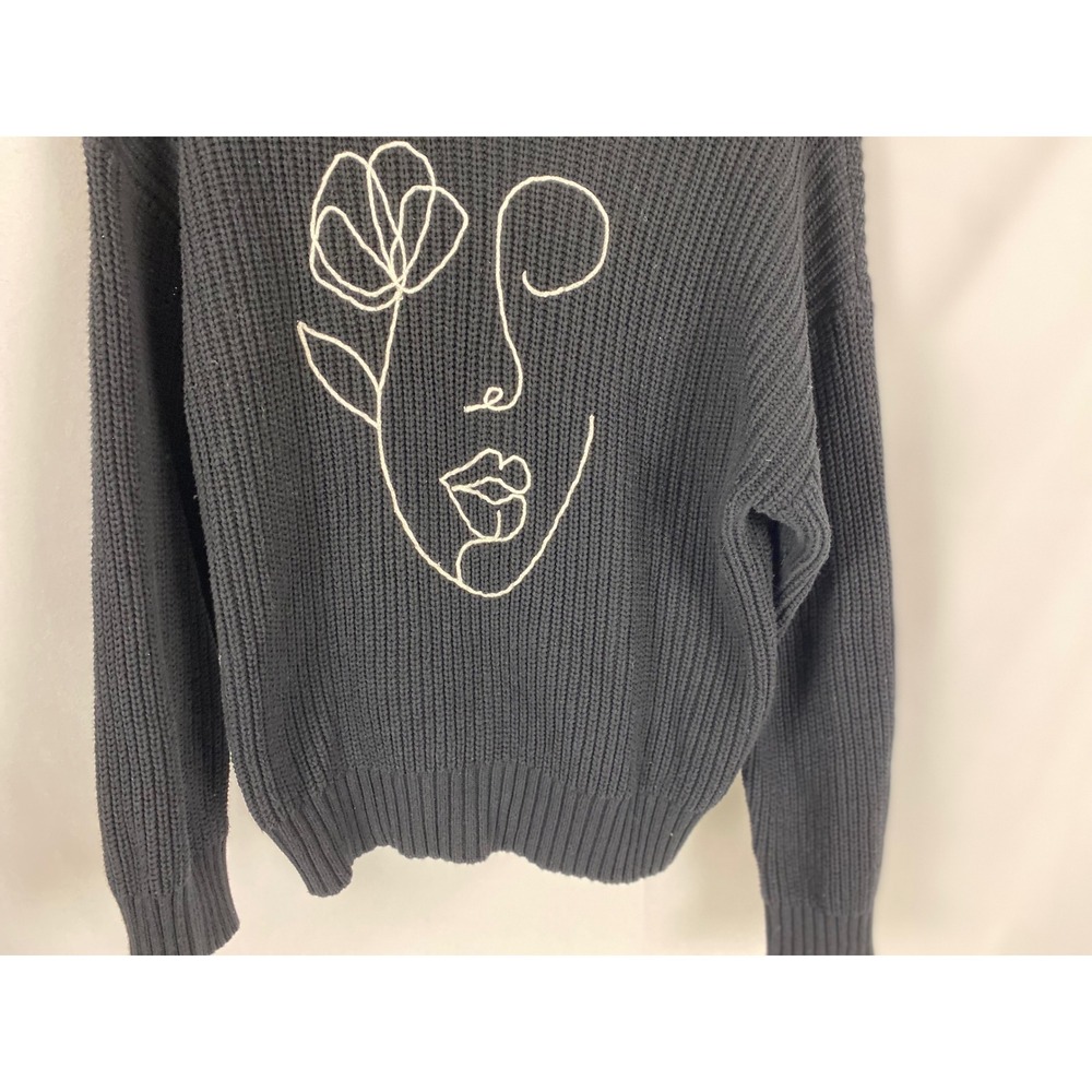 Forever 21 Womens Black‎ Abstract Face Line Art Ribbed Knit Sweater Large - Picture 6 of 11